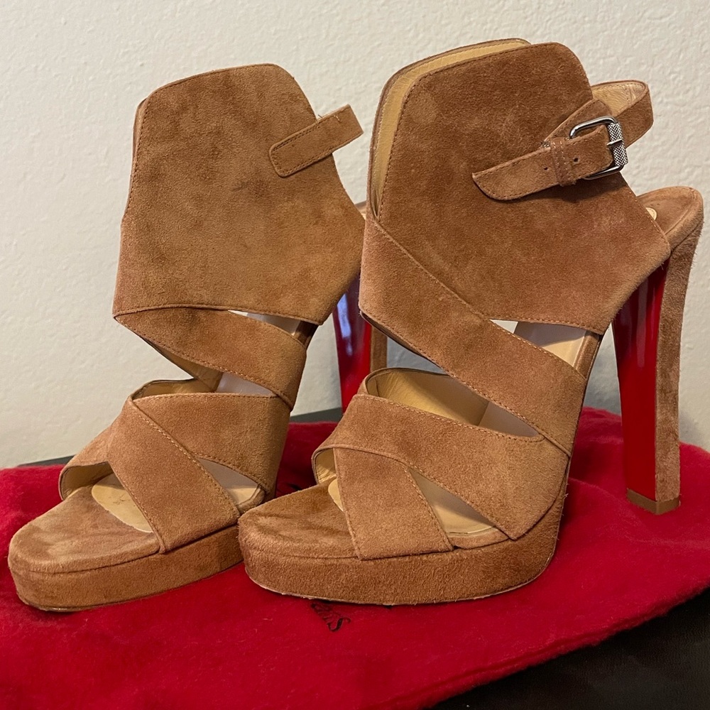 Louboutin brown suede sandal ankle wrap bootie 37.5
